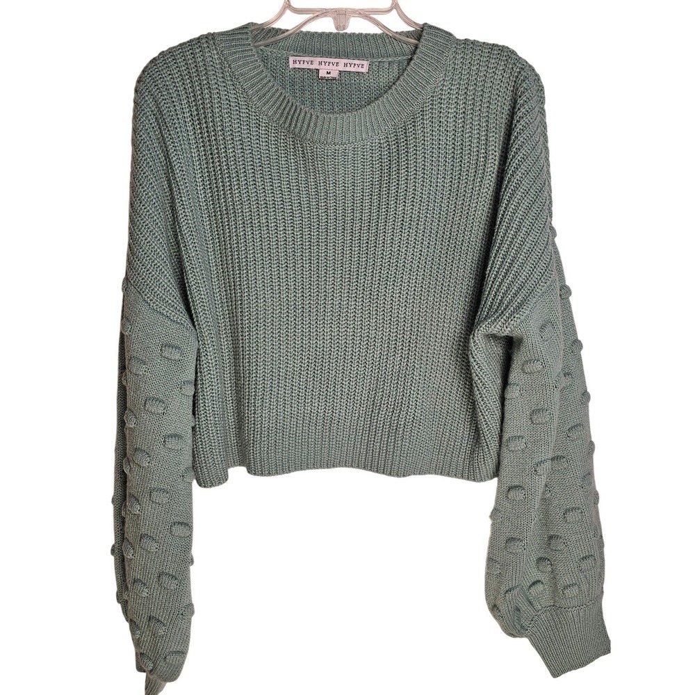 HYFVE Womens Mint Green Textured Balloon Sleeve Cropped Sweater Size Medium - Picture 1 of 4